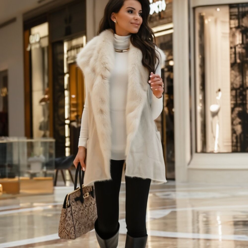 Metric Knit Faux Fur Vest - Ivory